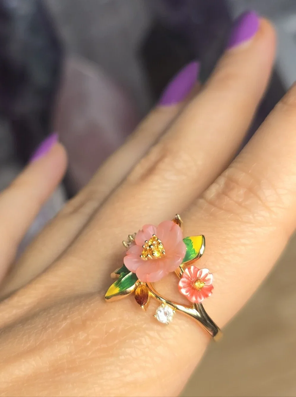 Pink Mother of Pearl Citrine White Sapphire Enamel Floral Ring Size 8.5